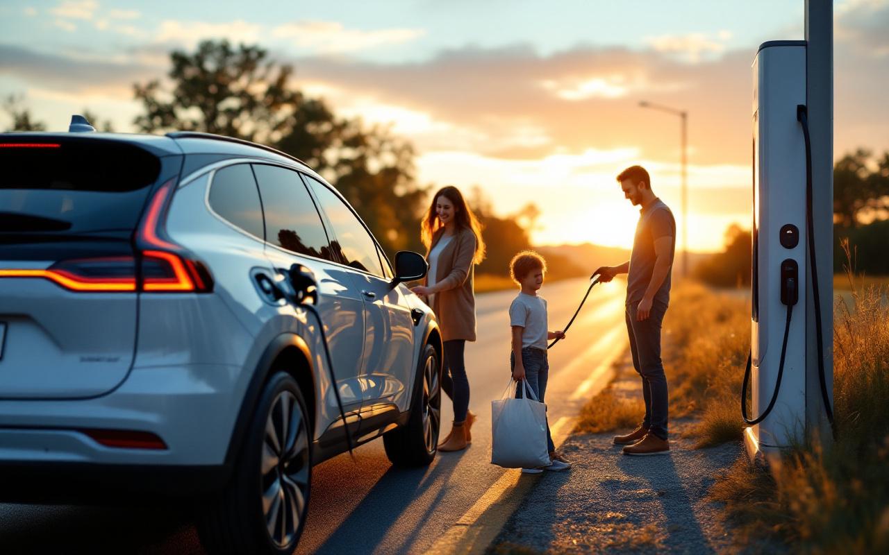 Une famille souriante (parents et deux enfants) recharge un SUV électrique à une borne rapide sur l'autoroute au coucher du soleil, lumière dorée volumétrique, aire de repos et végétation en arrière-plan.
