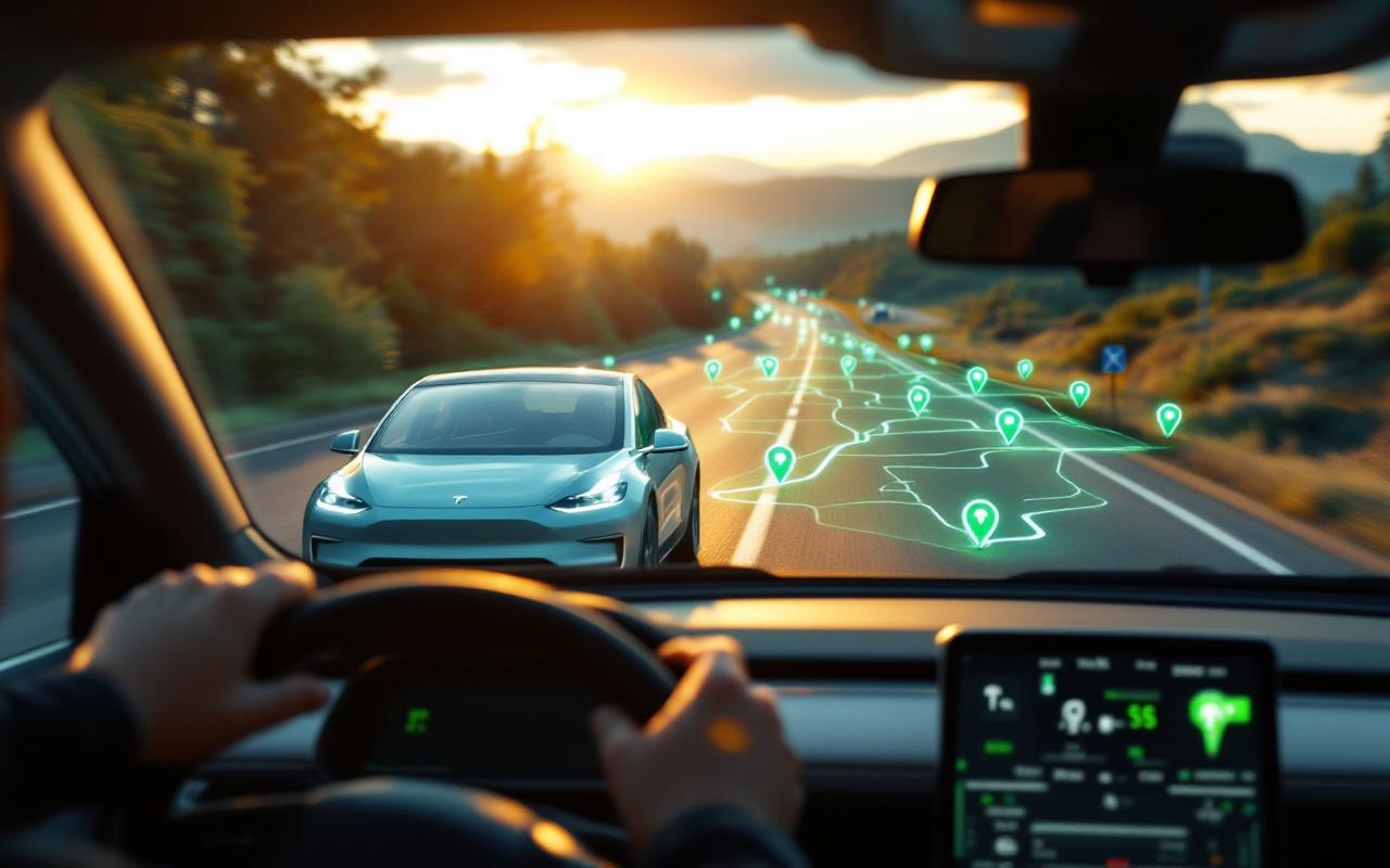 Photo réaliste d'un SUV électrique roulant sur l'autoroute au coucher du soleil, avec des stations de recharge le long de la route et une carte superposée sur le pare-brise indiquant les arrêts de recharge. Lumière volumétrique chaude, couleurs dominantes bleu et argent.