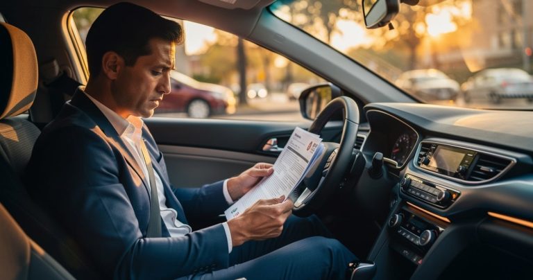 Conducteur consultant ses documents d'assurance auto au volant de son véhicule
