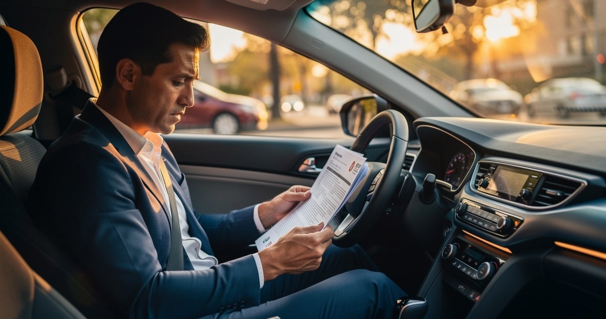 Conducteur consultant ses documents d'assurance auto au volant de son véhicule
