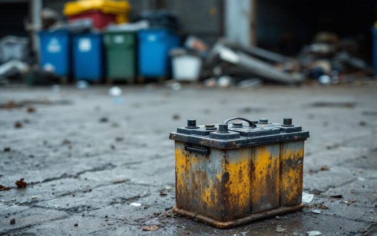 Batterie de voiture usagée posée près d’un atelier de recyclage automobile, avec des piles de métal et des bacs de recyclage en arrière-plan, lumière naturelle et ambiance réaliste.
