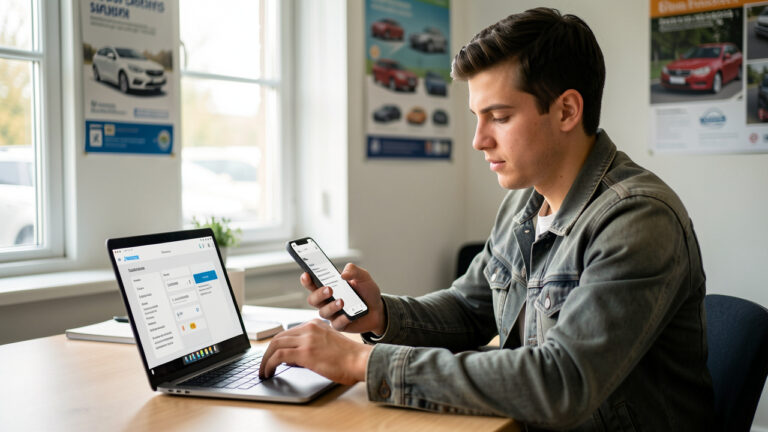 Illustration réaliste d’un jeune homme révisant des supports d’apprentissage du permis sur un ordinateur portable et un smartphone dans une auto-école moderne.