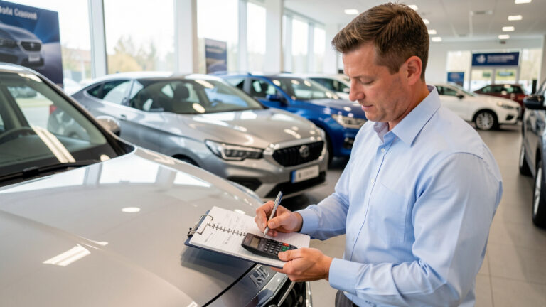 Un homme compare des dépenses automobiles en notant des chiffres dans un carnet et en utilisant une calculatrice devant plusieurs voitures dans une concession.