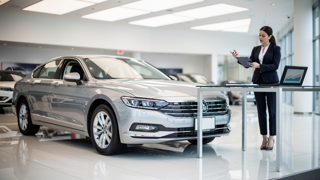 Dans une concession automobile, une voiture neuve est exposée en showroom. Une vendeuse présente une reprise à l’aide d’un document et montre un tableau de financement sur une tablette, avec un éclairage naturel et réaliste.
