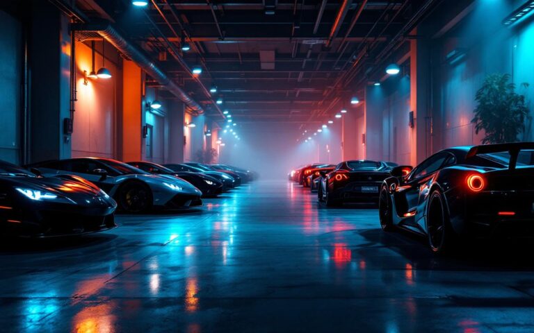 Garage luxueux rempli de supercars, ambiance urbaine premium, éclairage nocturne cinématographique et reflets sur le sol poli.