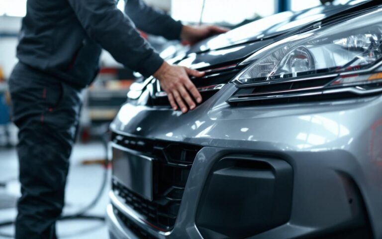 Inspection d’une Citroën C3 essence d’occasion en vue trois quarts avant, dans un garage automobile, ambiance sérieuse.