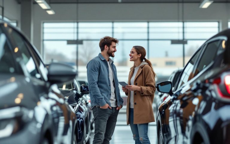 Un jeune couple urbain compare plusieurs citadines neuves devant une concession en ville.