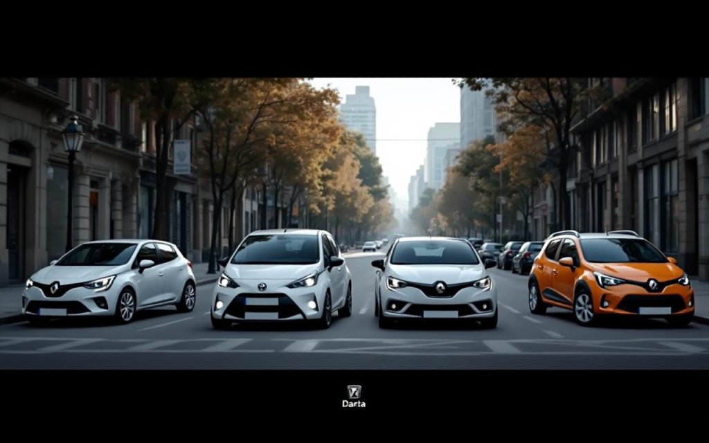 Tableau comparatif de citadines neuves côte à côte en ville : Renault Clio, Peugeot 208, Toyota Yaris et Dacia Sandero, vues de trois-quarts avant sous une lumière naturelle