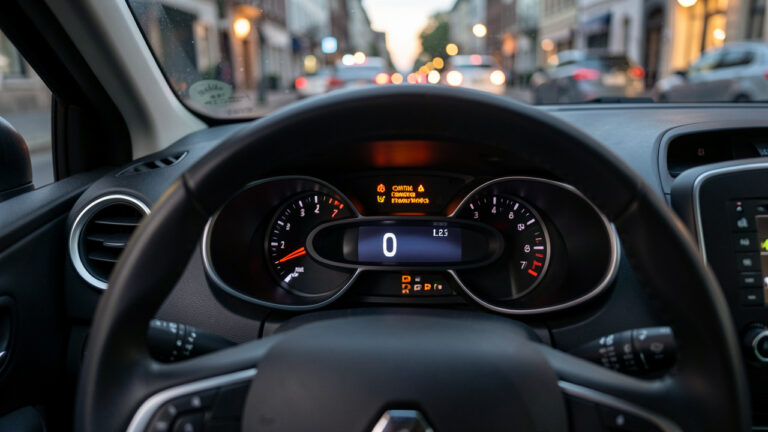 Vue rapprochée du tableau de bord d’une Renault Clio 4, ambiance réaliste de conduite quotidienne, avec un voyant lumineux indiquant un message de contrôle lié à l’injection, sans texte lisible.