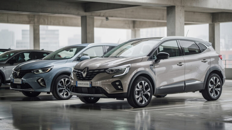 Alignement de plusieurs SUV récents dans un parking urbain moderne, avec trois modèles mis en avant au premier plan sous une lumière douce et naturelle.