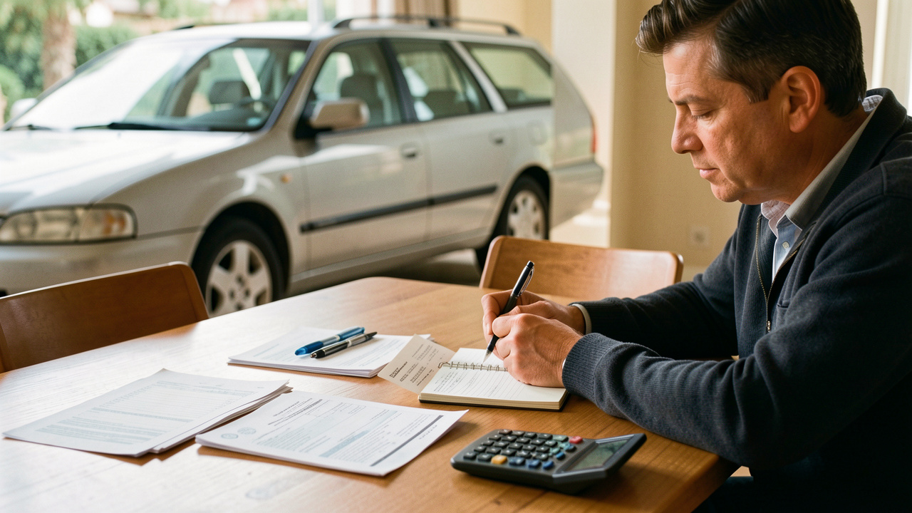 Un homme compare des reçus et des dépenses liées à la voiture sur une table, tandis qu’une station wagon est visible en arrière-plan près d’une fenêtre, avec une lumière naturelle.