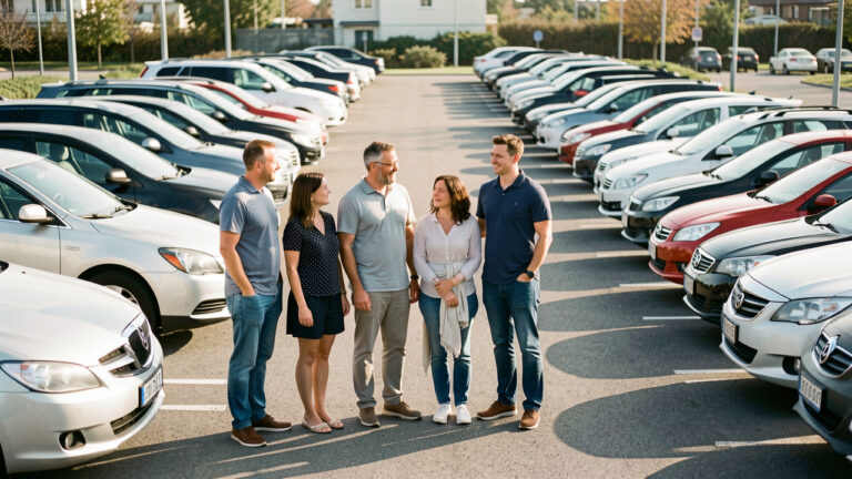 Une famille se tient devant plusieurs voitures garées sur un parking, ambiance moderne, lumière naturelle et ton réaliste.