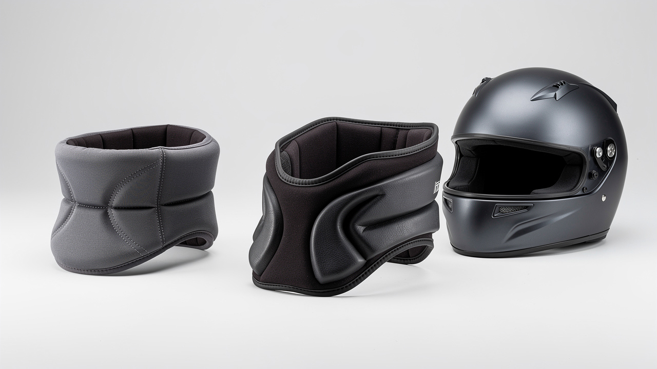 Trois protections cervicales de karting, souple, semi-rigide et enveloppante, présentées côte à côte avec un casque de karting sur fond neutre.