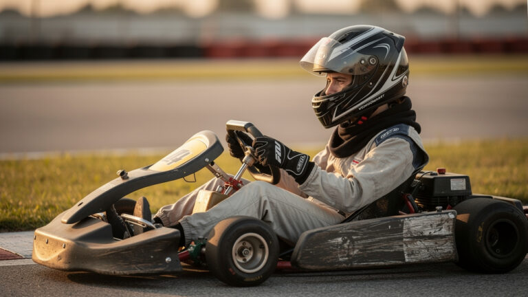 Un jeune homme pilote de karting amateur assis dans son kart, portant un casque intégral et un tour de cou noir, vu de profil sur un circuit extérieur.