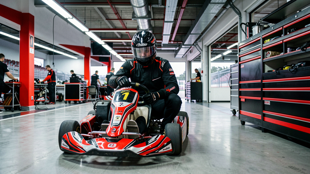 Un homme pilote de karting équipé d’une combinaison, d’un casque intégral et de gants, se préparant dans les stands d’un circuit moderne.