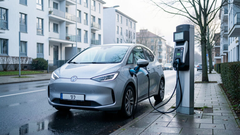 Petite voiture électrique citadine branchée à une borne de recharge publique dans une rue résidentielle urbaine.