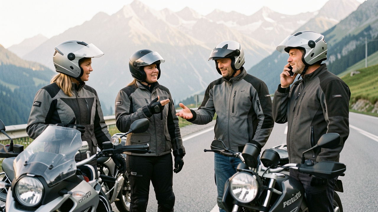 Quatre motards équipés de casques avec intercom sans fil communiquent près de leurs motos, tandis que l’un d’eux reçoit un appel.