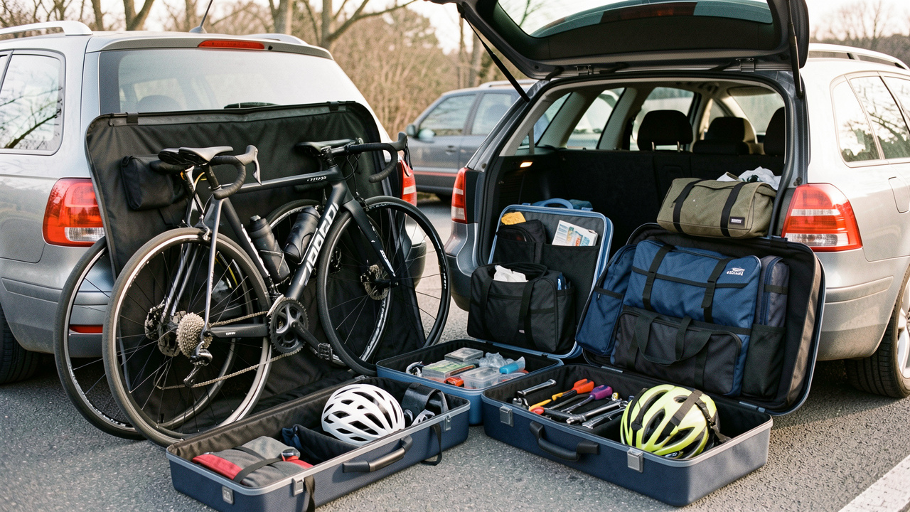 Deux vélos de compétition rangés dans des housses de transport, avec roues de rechange, casques, outils et sacs près d’une voiture.