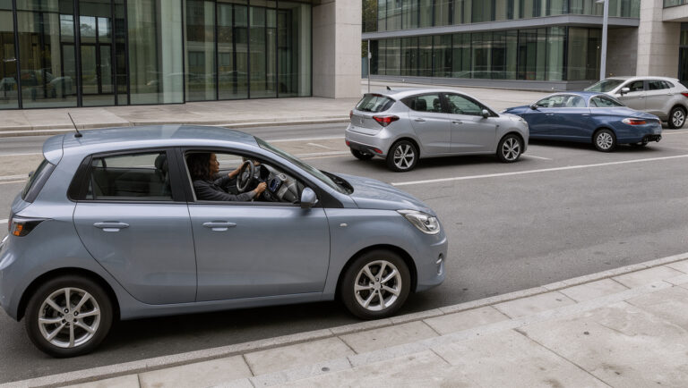 Une conductrice observe plusieurs véhicules compacts garés dans une rue urbaine moderne depuis une citadine.