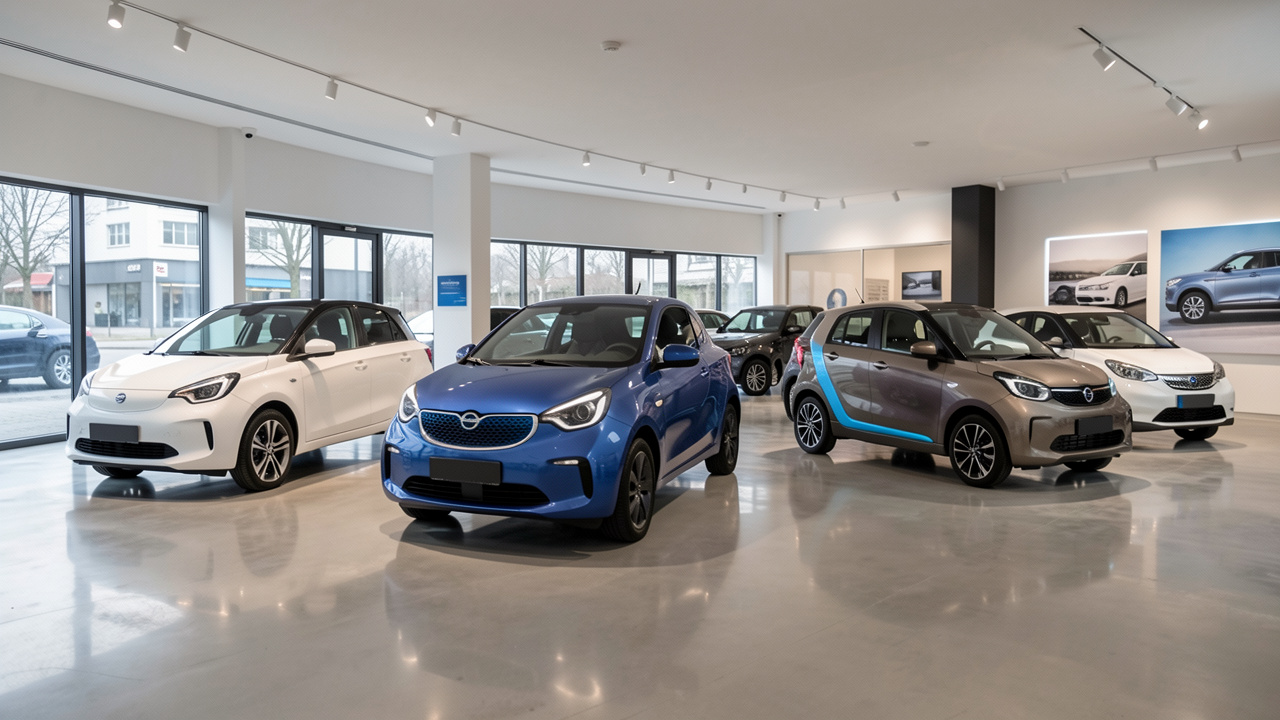 Concession automobile européenne moderne présentant plusieurs voitures électriques compactes aux designs européens et chinois, dans une ambiance réaliste et lumineuse.