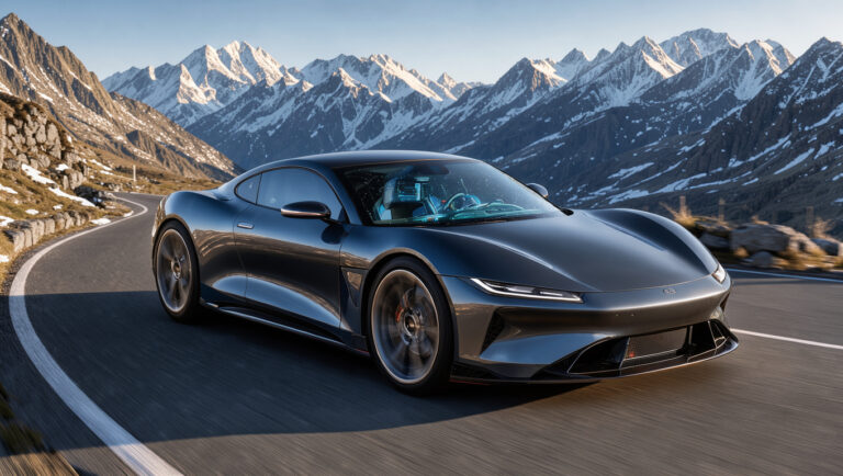 Coupé sportif électrique futuriste roulant sur une route alpine, avec un cockpit numérique lumineux et des reflets de données abstraits.