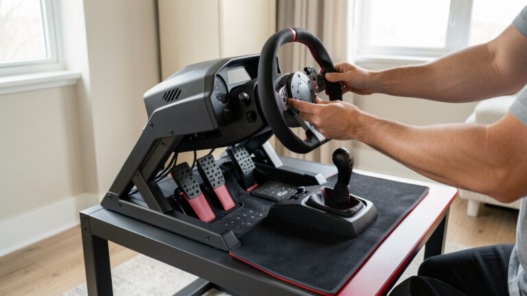 Volant de simulation, pédales et levier de vitesse installés sur un bureau pour débuter l’entraînement à la conduite.